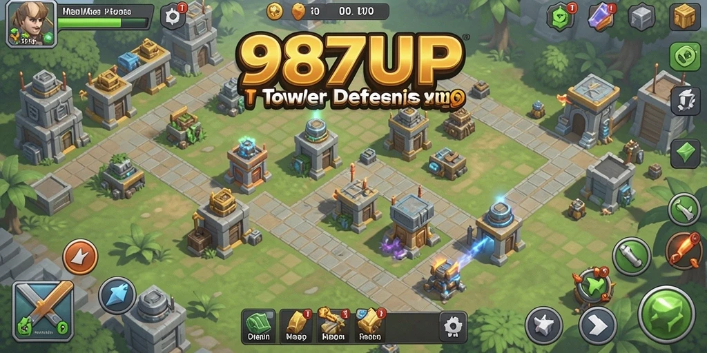 Tangkapan layar utama 987UP menampilkan aksi gameplay Tower Defense yang seru.