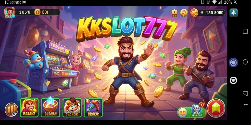 Screenshot KKSLOT777 menunjukkan grafis cerah dan gameplay seru.
