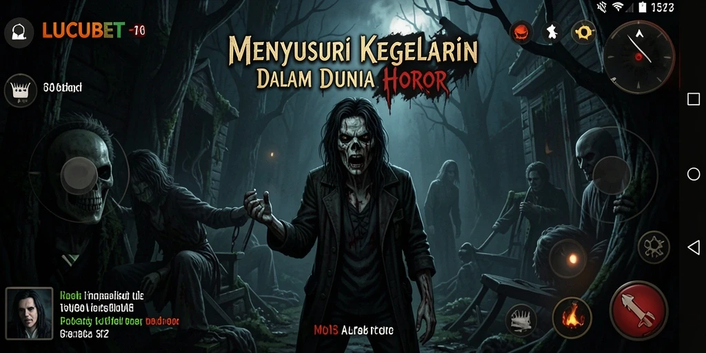 Screenshot gameplay LUCUBET dengan atmosfer horor yang mencekam.