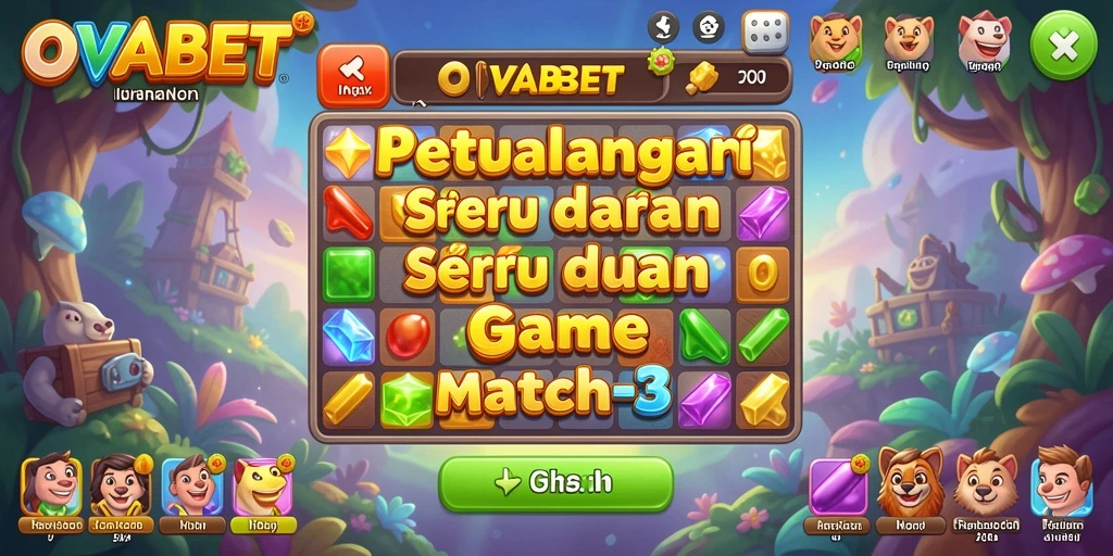 Tampilkan layar permainan Match-3 yang menarik dan penuh warna.