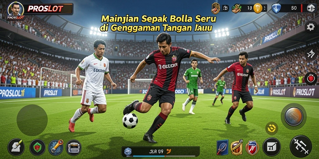 Screenshot <strong>PROSLOT</strong> menampilkan pemain beraksi di lapangan sepak bola.