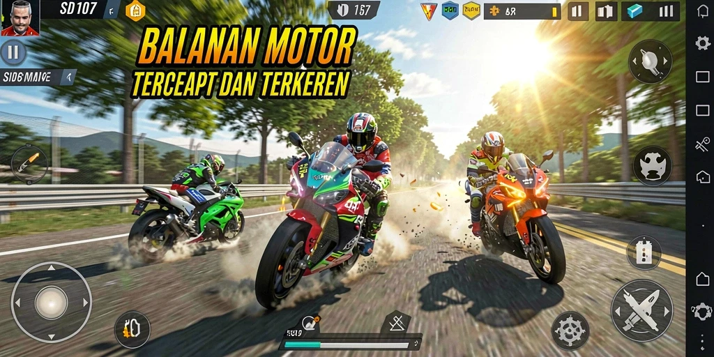 Screenshot gameplay SD107 menampilkan aksi balapan motor yang mendebarkan.