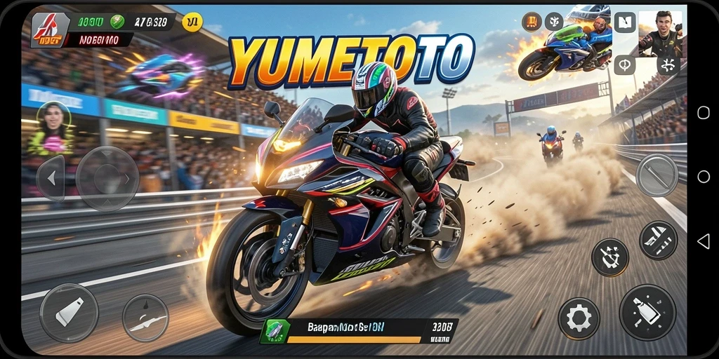 Screenshot YUMETOTO menampilkan aksi balapan motor yang mendebarkan.